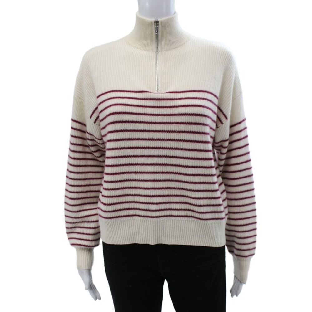 Aqua Cashmere Women Pullover Sweater Ivory Cashmere Mock Neck Striped Size S